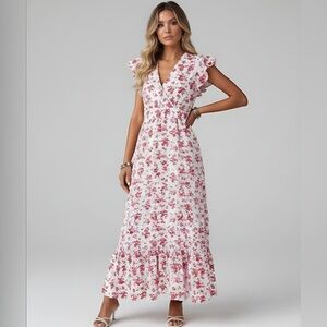 Boho Floral Print V-Neck Ruffle Sleeve Maxi Dress Red